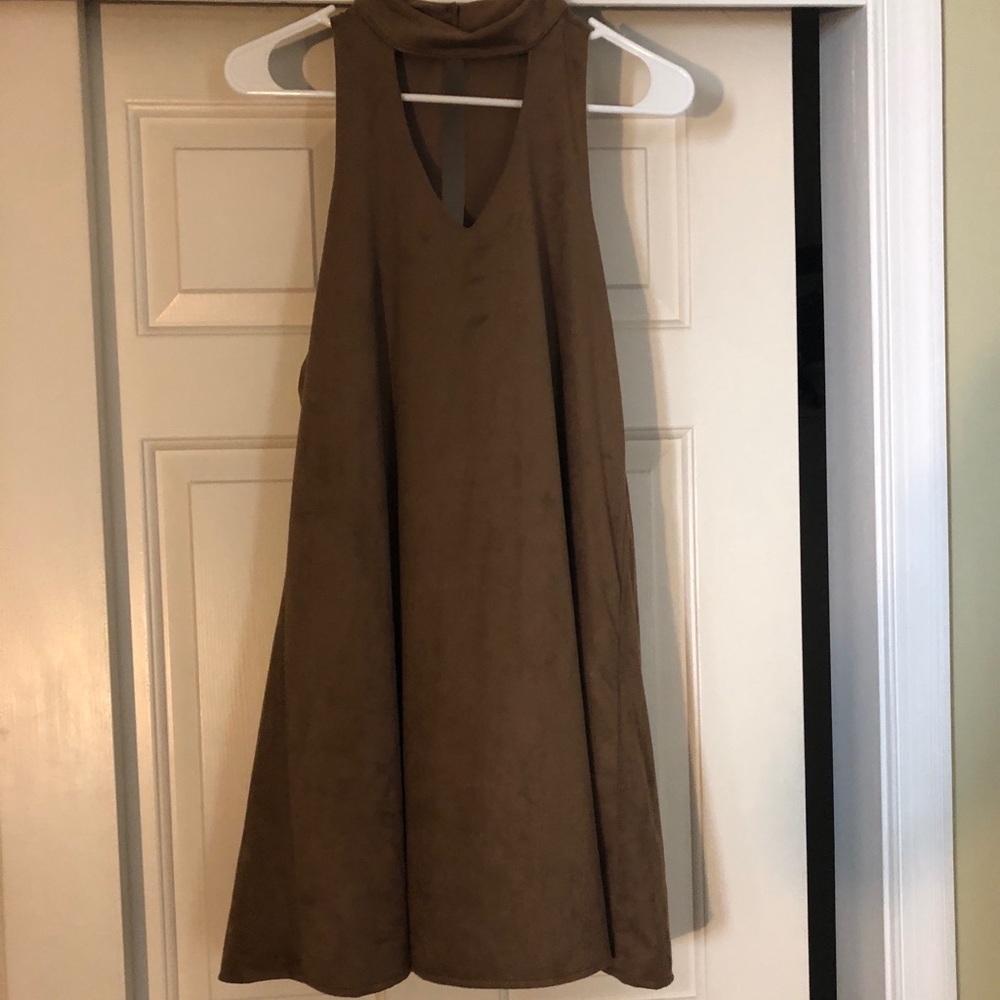 Tan suede dress with cut out on the neck